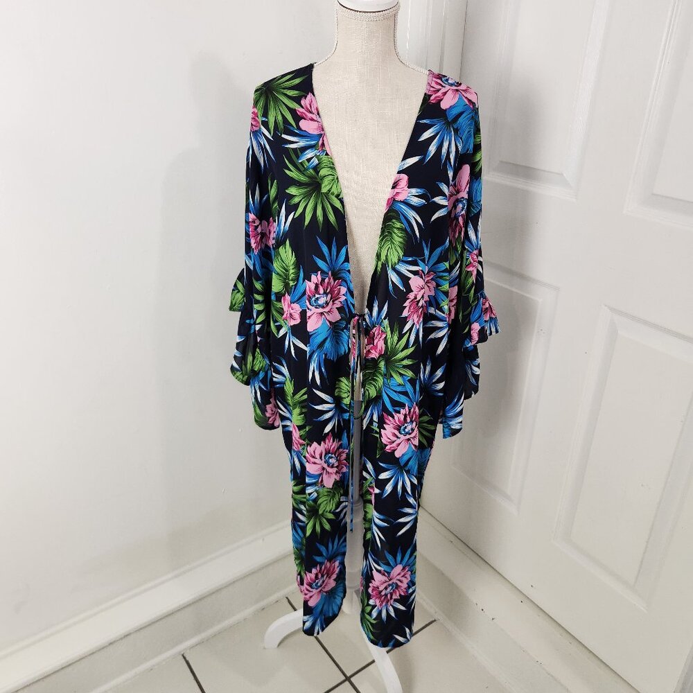 Umgee Kimono Womens S/M Midi Ciffion Ruffle Tie Front Beach Swim Coverup